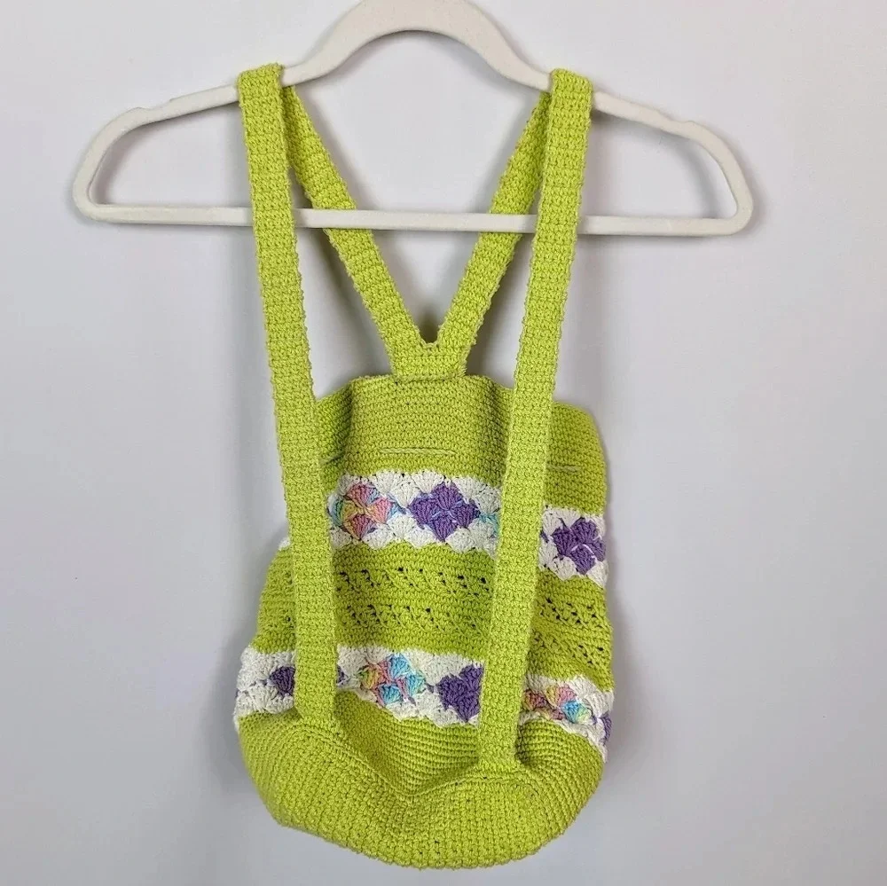 Handmade Crochet Knit Mini Backpack Bag Colorful Floral Bohemian Hippie 70s - Picture 2 of 11